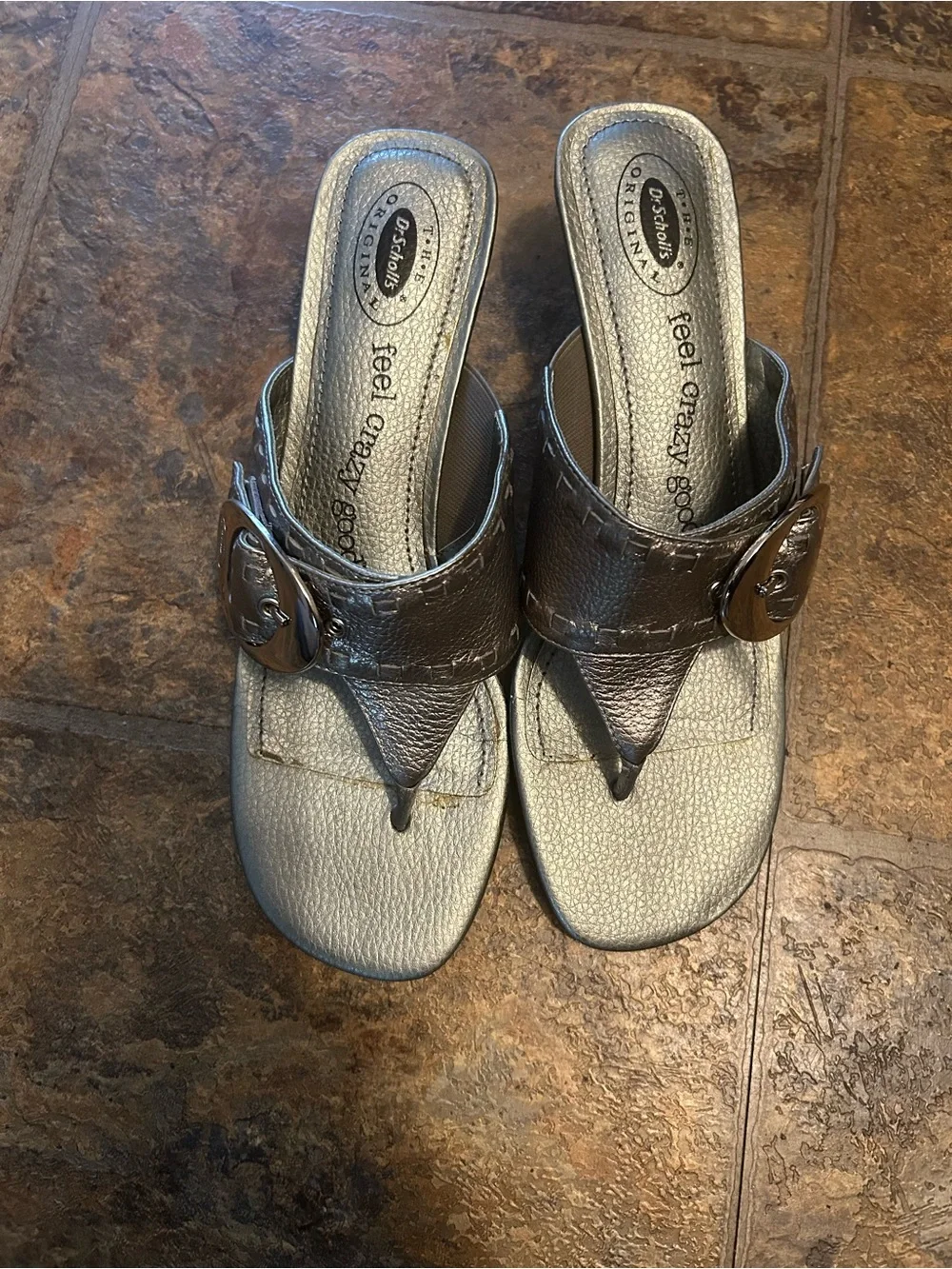 Dr. Scholl's Silver Metallic Thong Wedge Mules with Buckle